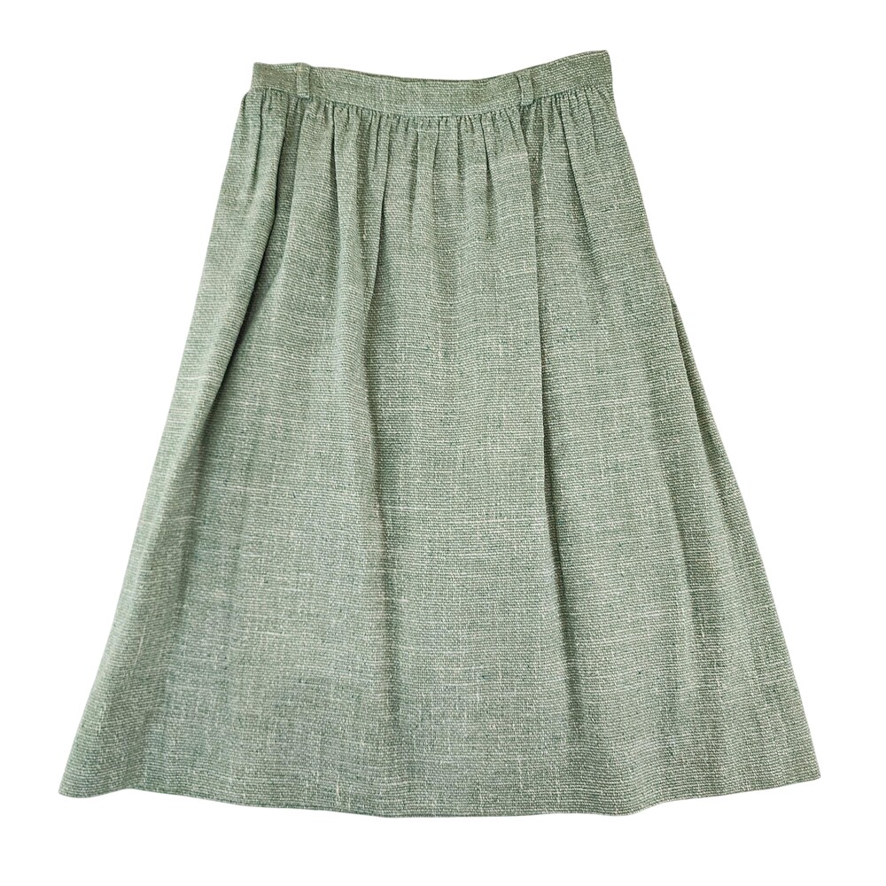 Handmade Pleated Skirt XS Green Tweed Lined Midi A Line Textured Hook Eye Waist